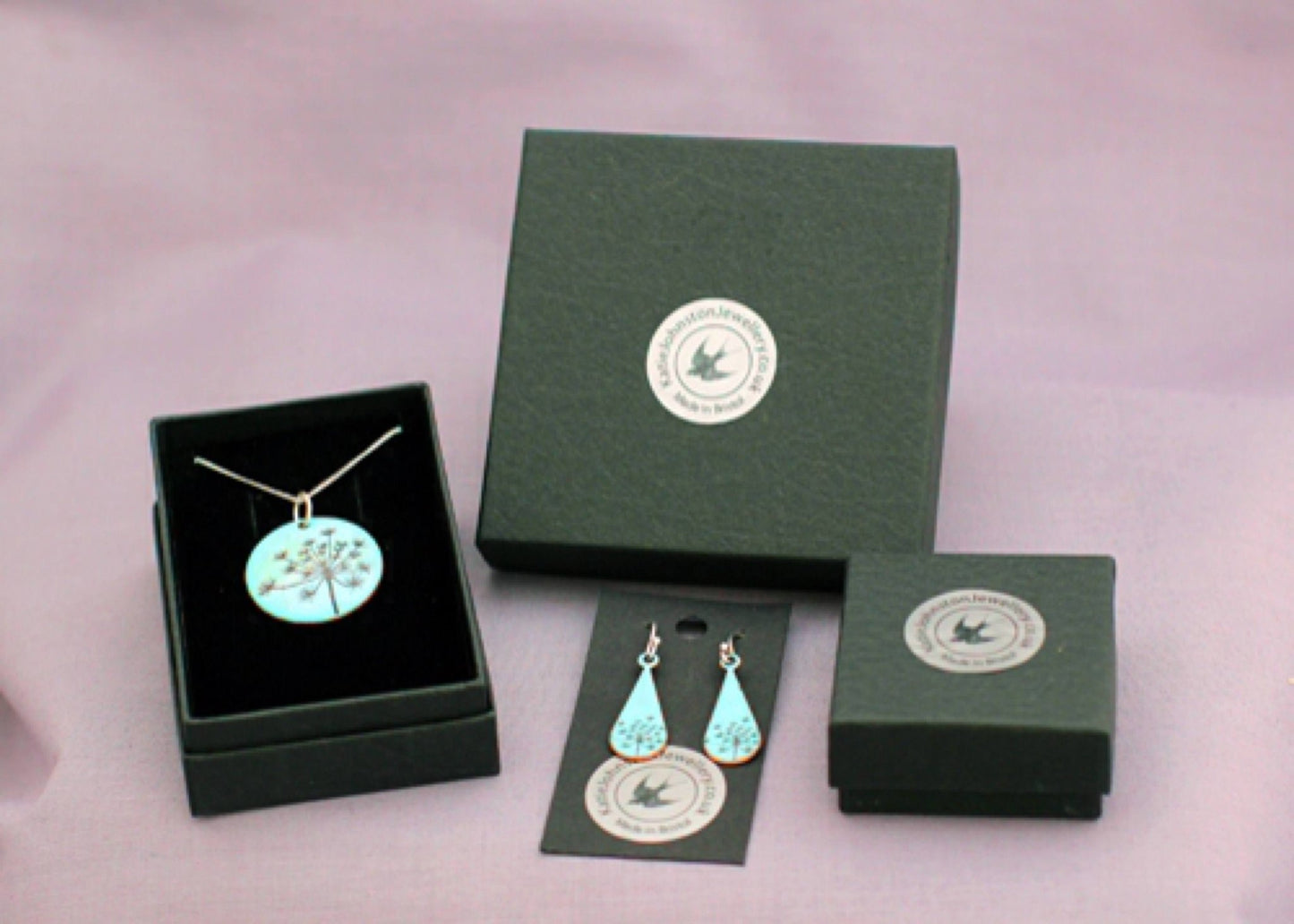 Dandelion Enamel Pendant on 18' sterling silver chain available in blue, green, lilac/pink. - Katie Johnston Jewellery