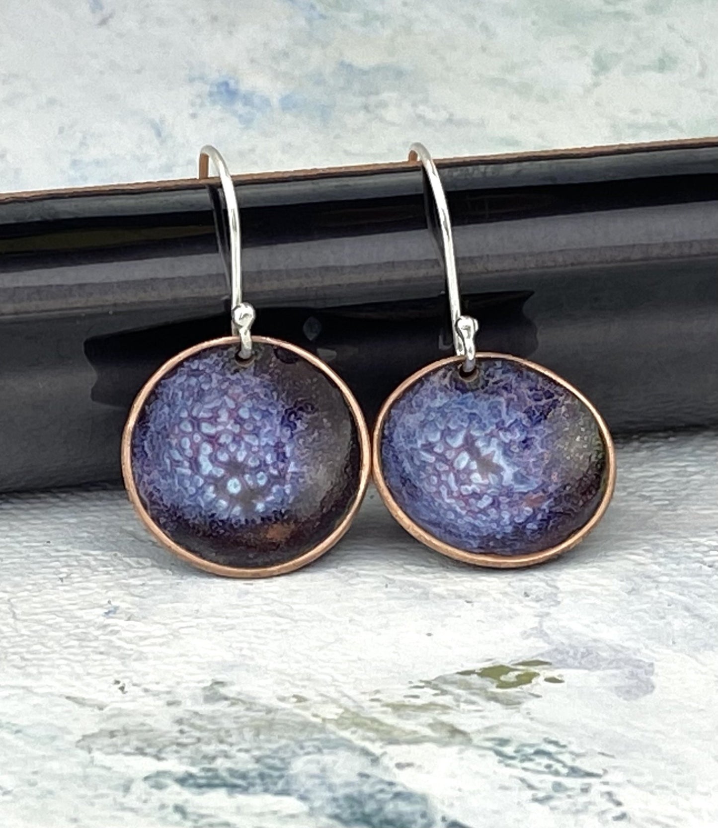 Enamel 'bowl' drop earrings. Little copper bowls filled with enamel on sterling silver wires. - Katie Johnston Jewellery