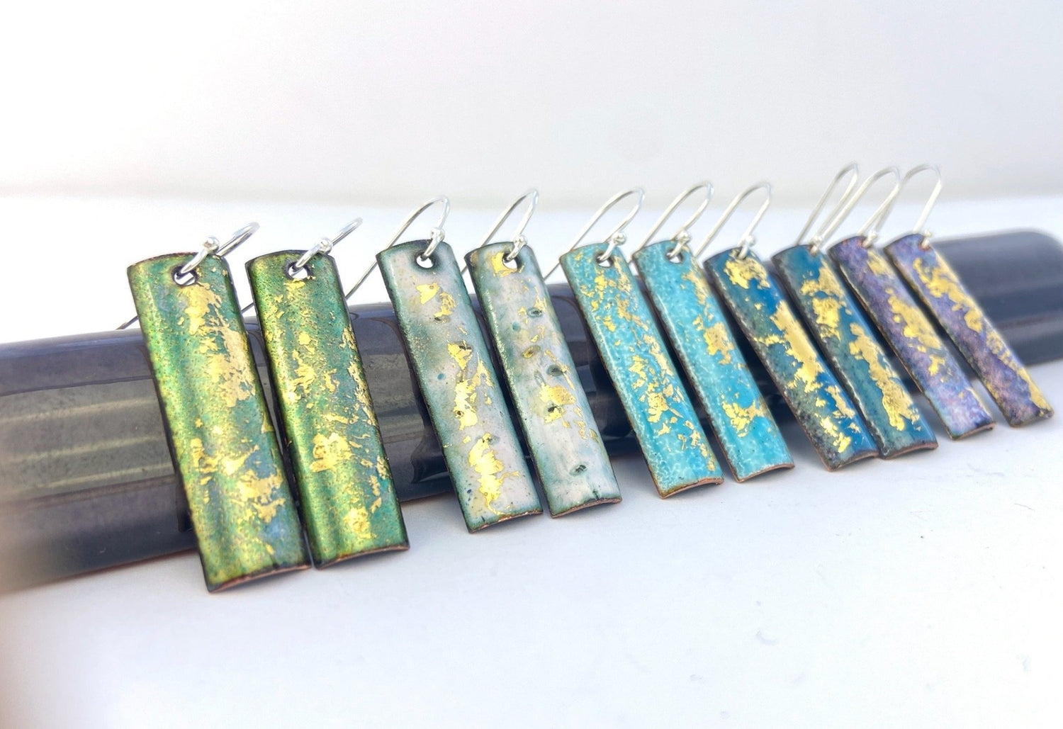 Expansion rectangular drop earrings - green/gold - Katie Johnston Jewellery